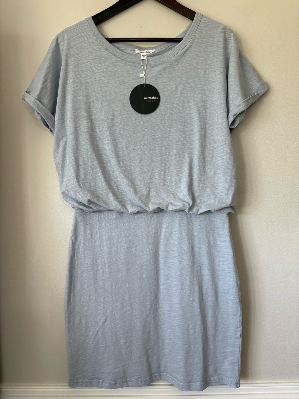 Mittoshop Cinch Waist T-Shirt Dress Size Large Light Blue Minimalist Blouson NWT